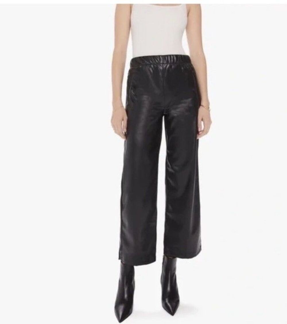 Mother The Skippety Ankle Wax On Wax Off Wide Leg Faux Leather Pants Black Small